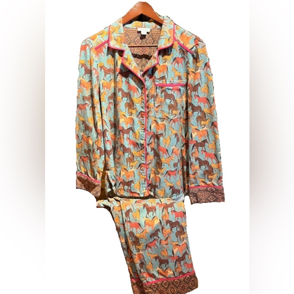 Sundance Catalog Women's Horse-Print Cotton Pajama Set in Aqua and Coral